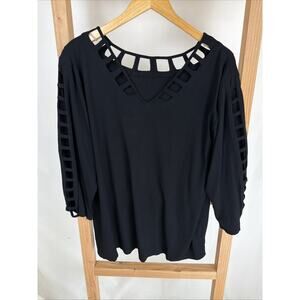 NWT Zen Knit Black V-Neck 3/4 Sleeve Cut-Out Details Long Top #0963 XXL